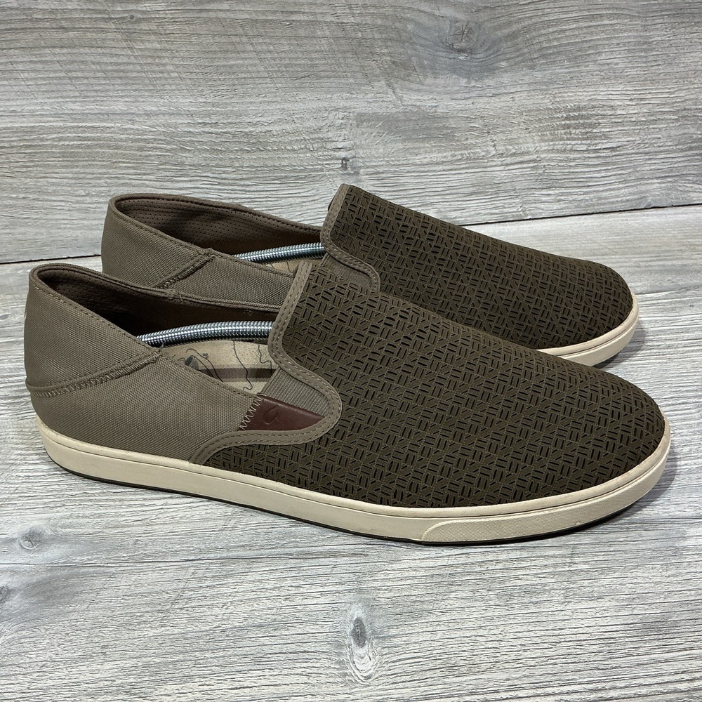 OluKai Kahu Aho Men's Slip‑On Casual Walking Shoes Brown Laser‑Cut Woven Size 14